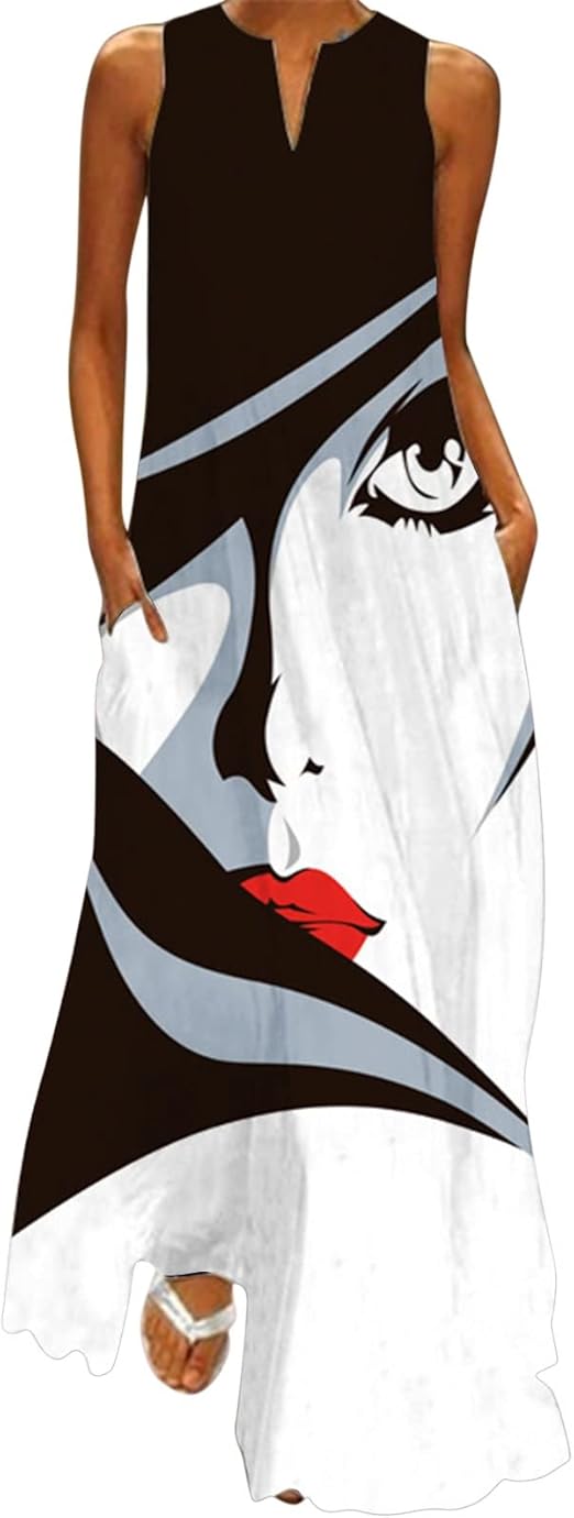 Dresses for Women Long Sleeve Fall Women Summer Casual Sleeveless Print V Neck Maxi Loose Dress Boho Beach Long Sundress with Pockets Mother of The Bride Gowns with Jackets