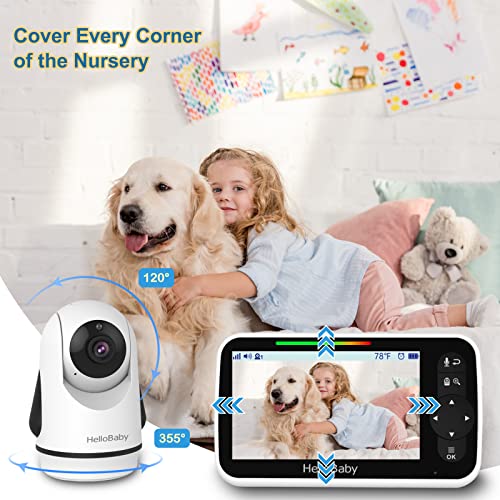 Image of HelloBaby 5 Inch Video Baby Monitor with 720p Camera and Audio, Remote Pan-Tilt-Zoom Camera with Night Vision, 2-Way Talk, Temperature, 8 Lullabies and 1000ft Range Baby Monitor No WiFi Needed
