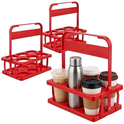 KEILEOHO 3 Pack 6 Cup Foldable Drink Carrier, Plastic Drink Carrier with Handle, Foldable Beverage Delivery Holder Drink Delivery Carrier Beer Bottle Holder for Drivers, Home, Bar, Restaurants, Red