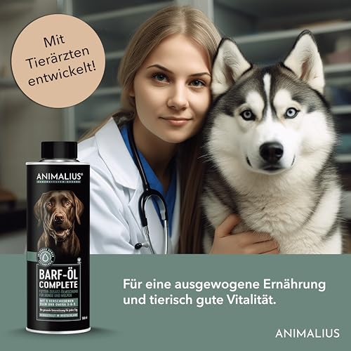Animalius | Barf Complete Öl für Hunde | Premium Barf Zusatz Futteröl mit Lachs-, Lein-, Hanfsamen-, Nachtkerzen- und Borretschöl - 500ml
