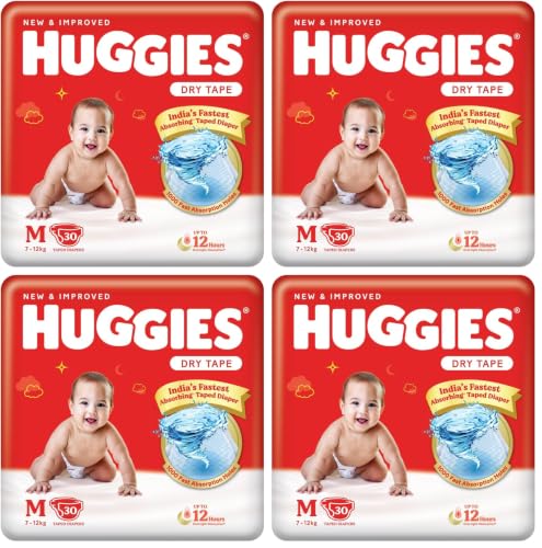 Image of Huggies Complete Comfort Dry Tape Medium (M) Size Baby Tape Diapers, 30 count, with 5 in 1 Comfort (Pack of 4)