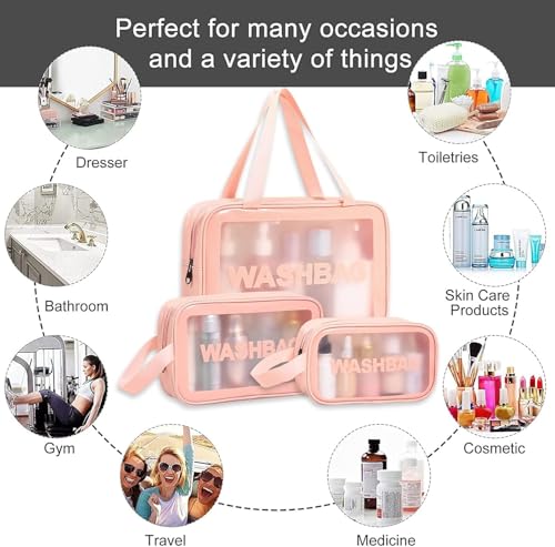 Image of KUKLAR Wash Bag Pouch for Travel Kit Toiletry Bag Cosmetic Bag Make Up Box for Brushes, Accessories with Handle, Large Capacity Translucent Waterproof Travel Storage Organizer Set of 3 (Pink)