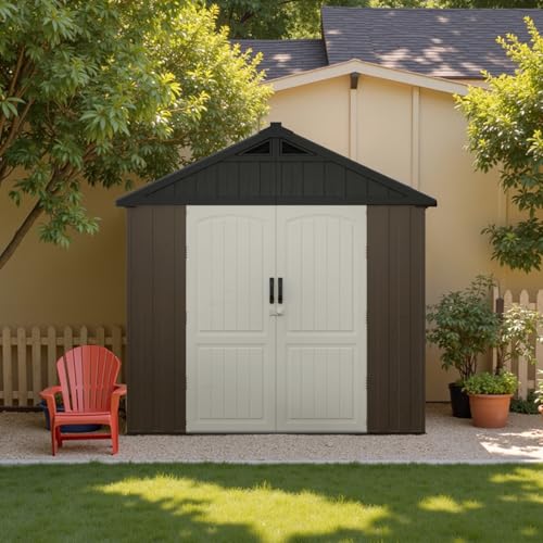 Image of Patiowell 8 x 12 FT Plastic Outdoor Storage Shed with Floor, Resin Shed with Window and Lockable Door for Garden, Backyard, Tool Storage Use, Easy Assemble, Gray (Kick-it Shed)