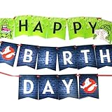 Prime Party Ghostbusters Birthday Jointed Banner, 17 Flags Spelling 'Happy Birthday', 2 Slimer Flags, 2 No Ghost Symbol Flags, Black/Red/Blue/Green, 7' x 9', Perfect for Adult and Kids Birthdays
