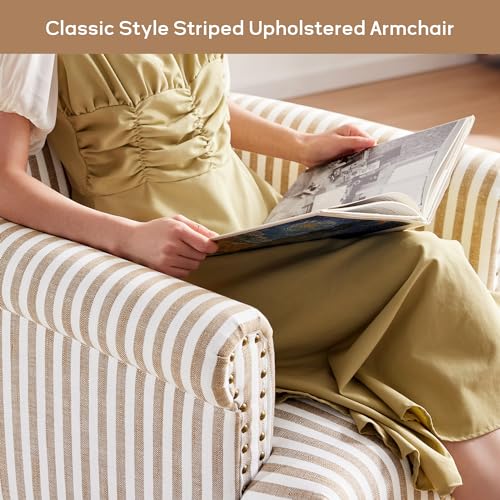 HUIMO Linen Fabric Accent Chair, Mid-Century Modern Armchair with Solid Wood Legs, Single Sofa Chair,Upholstered Reading Club Chair (1, Brown and White Stripe)