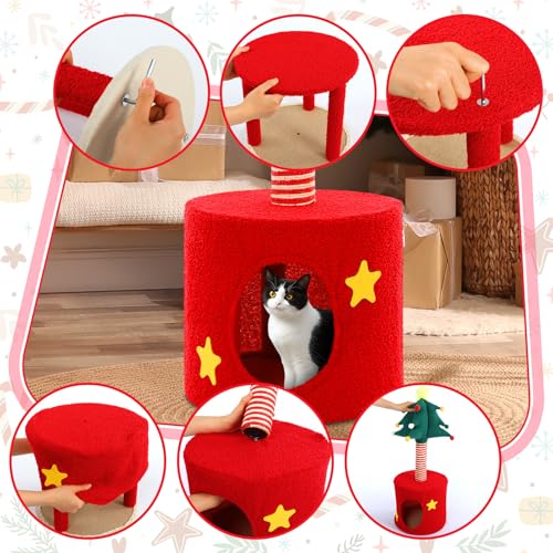 Image of Christmas Cat Tree Tower with Sisal Scratching Post Scratcher | Gift Box, Christmas Cat House, Condo Bed, 33 Inch, Indoor Kittens to Play and Sleep, Xmas Holiday Decoration
