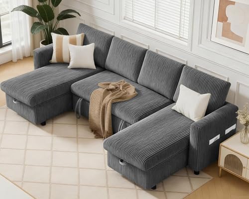 Image of WEUP 106 inch U Shaped Sectional Sleeper Sofa Bed with Pull Out Bed, Sectional Sleeper Couch Pull Out Couch with Reclining Backrest /Reversible Storage Chaise /USB Ports /Tool-Free Assembly, Corduroy Grey