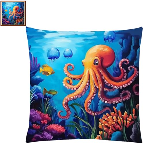 Image of Lovxvouy Pillow Cross Stitch Kits for Adults Beginners-Preprinted Needlepoint Kit Stamped Crossstitching Kits 11CT Cross-Stitch Kit Stitches Kit Embroidery Kits-Underwater World 18x18 inchs