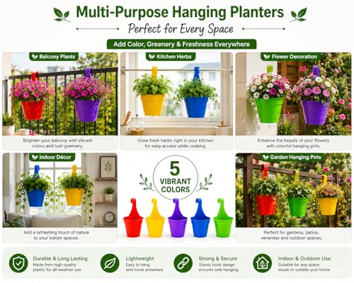 Image of 7.5 Inch Plastic Hanging Planters, Set of 5 Multicolor Flower Pots with Hooks for Indoor Outdoor Plants, Balcony, Home and Garden Decor