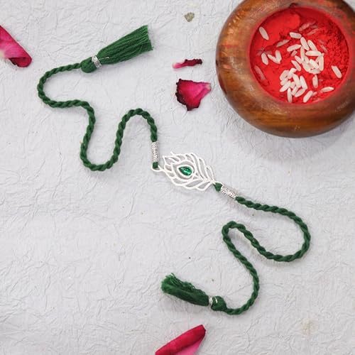 Image of 925 Sterling Silver Peacock Feather with Green Stone Rakhi for Bhai Cotton Thread | Rakshabandhan Rakhi With Greeting Card & Roli Chawal and Certificate of Authenticity