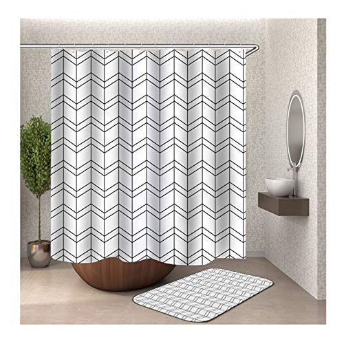 Polyester Duschvorhang & Badezimmerteppich Set Schwarz Weiß Wellen Bad Vorhang Badvorleger 90x180CM mit 12 Duschvorhangringen