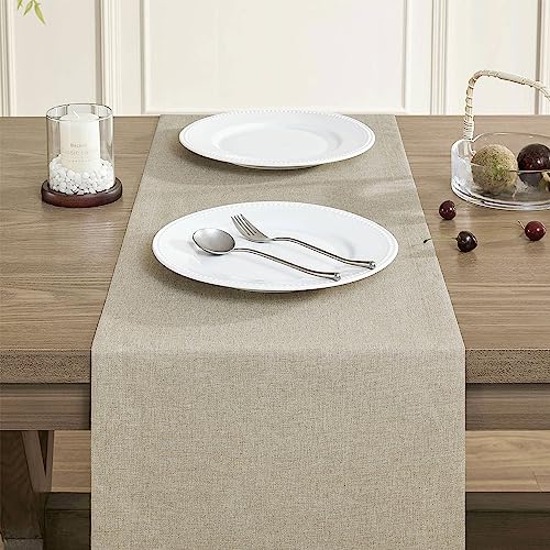 Image of ZeeMart Basic Linen Style Table Runner, 14 x 108 Inch Natural Chambray, Rustic Farmhouse Neutral Beige Table Runners 108 Inches Long, Everyday Polyester Table Runner - Machine Washable & Easy Care