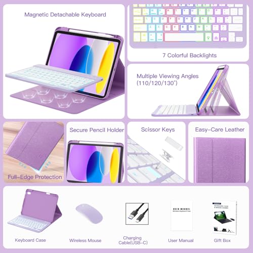 Image of RAYMCRAFT for iPad 11th(A16, 2025) /10th Generation Case with Keyboard, 360 Rotatable Case & Detachable Backlit Keyboard, Precision Cutouts and Pen Holder for iPad A16 11'' / 10.9'', Sparkling Purple