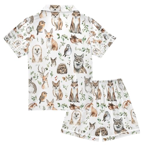 senya Cute Animals Fox Owl Satin Summer Pajama Sets Silk Short Sleeve Button Down Sleepwear2