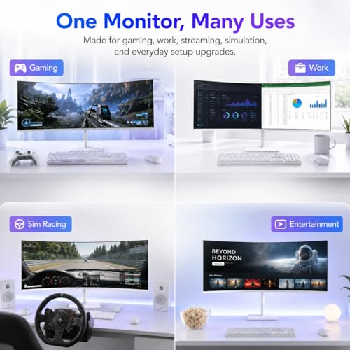 Image of Deco Gear 49 inch Curved Ultrawide Gaming Monitor, 144Hz DFHD 3840x1080 32:9 VA Display, 1ms MPRT, Adaptive Sync, HDR, 1800R, PIP /PBP, 2 HDMI 2 DisplayPort, White Display for PC & Laptop