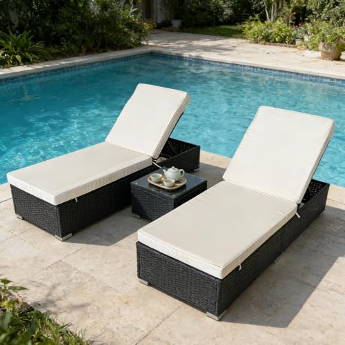 Outdoor Chaise Lounge Chairs Set of 2 with Side Table, All-Weather Wicker Pool Lounge Chair, 5-Position Adjustable Backrest, Removable Cushion, Rattan Sunbathing Lounger for Patio, Poolside, Beach