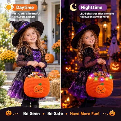 Halloween Basket for Kids, LED Light Up Pumpkin Trick or Treat Candy Bucket - image 4