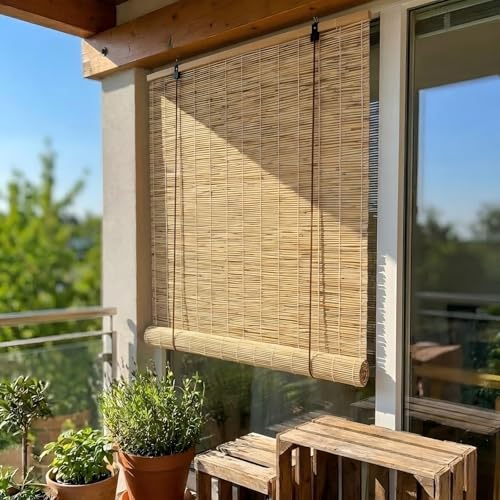 Estores Enrollables de Bambú Natural, Persianas de Caña para Ventanas y Puertas, Protección Solar y Privacidad, Pantalla de Privacidad para Terraza, Tejido a Mano Ecológico(Hilo Blanco,50W x 60H cm)