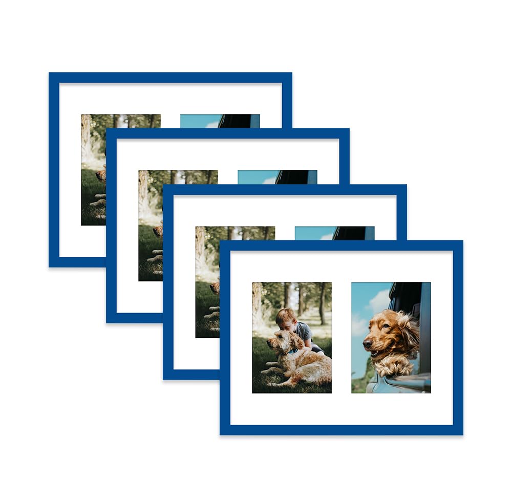 Blue Multi Photo Frame - Holds 2 x 7x5 Pictures, Family Collage Picture Frame for Wall Display, 14x11 Frame size, Set of 4