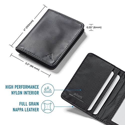 Allett Hybrid Card Wallet & Pen Bundle | Onyx Black, Leather, RFID Blocking, Vertical Layout | Slim, Minimalist, Bifold, Card Holder, Water Resistant | Holds 3-10+ Cards, Cash | Stainless Steel Pen4