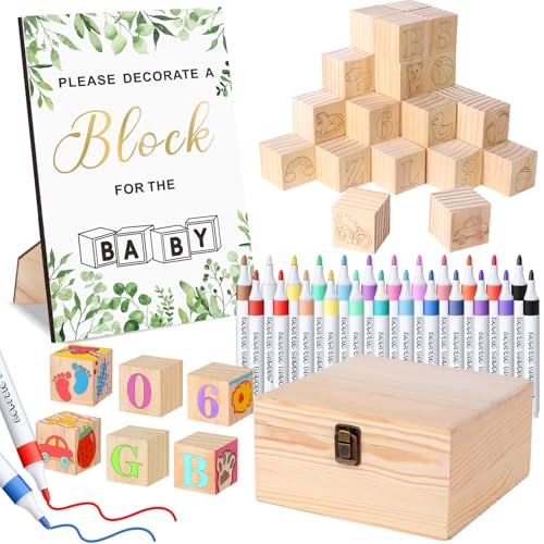 Pydeeirom Baby Shower Blocks Game Set with Wooden Box Acrylic Markers & Wooden Sign for Baby Shower Games Gender Reveal & Decorations (GreenLeaves)