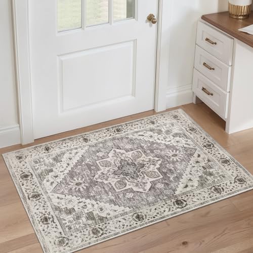 SERISSA Boho Rugs for Entryway, 2x3 Entryway Rug Non-Slip Washable Small Area Rug, Ultra Soft Oriental Vintage Low-Pile Indoor Door Mat Earth Tone Floor Carpet for Entrance Kitchen Bathroom