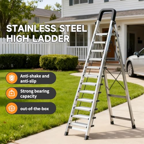 Image of 11 Step Ladder with Handrail,Folding Step Stool Heavy Duty,Protable Step Ladders with Anti-Slip Widen Pedals,Sponge Handrail,Safe-Lock Design,Tall Kitchen /Closet Step Ladder