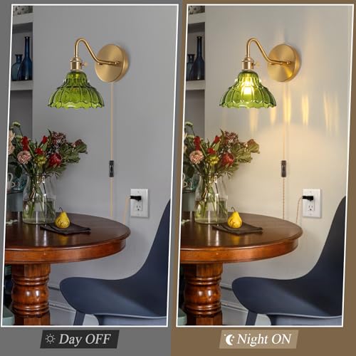 Image of Plug-in Wall Sconce (Set of 2), Vintage Wall Decorative Lamp with Green Glass Shade, Indoor Brass Plug-in Wall Sconce for Bedroom, Living Room, Bathroom, Hallway