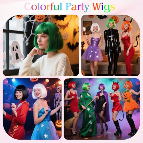 Image of MEEZY Rose red and purple Short Bob Wigs Straight Hair with Flat Bangs Heart Sunglasses for Women, Colorful Funny Cosplay Daily Party Neon Wig Synthetic As Real Hair Carnival Halloween Costume