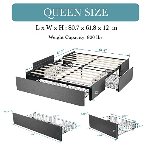 Hoomic Upholstered Queen Platform Bed Frame With 3 Storage Drawers, No Fixed Headboard Design, Mattress Foundation With Wooden Slats, No Box Spring Needed, Noise Free, Dark Grey #TOP5