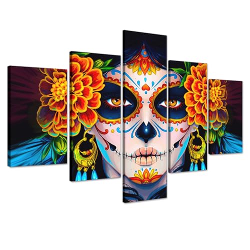 Sugar Skull Girl's Face Canvas Paintings Wall Art Day of the Dead Dia De Los Muertos Artwork Modern Home Decor Saints Day Halloween Wall Art Set of 5, Framed 60" x 40"