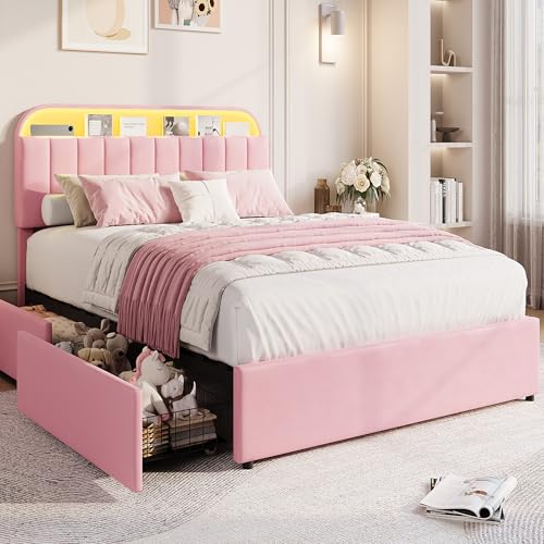 GarveeHome Full Bed Frame, Platform Bed with Storage Headboard & Drawers