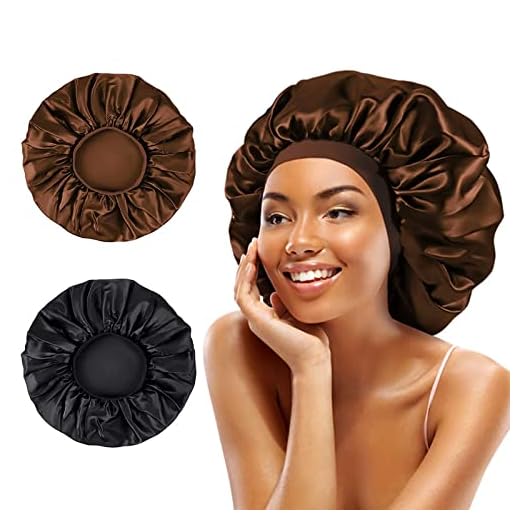 2 Piezas Gorro Saten Pelo Rizado,Gorro De Pelo De Seda Ajustable Gorro de Satén para Dormir Pelo Rizado,Suave Cubierta de Cabeza Bonnet Seda para Mujeres y Chicas（Negro + Café）