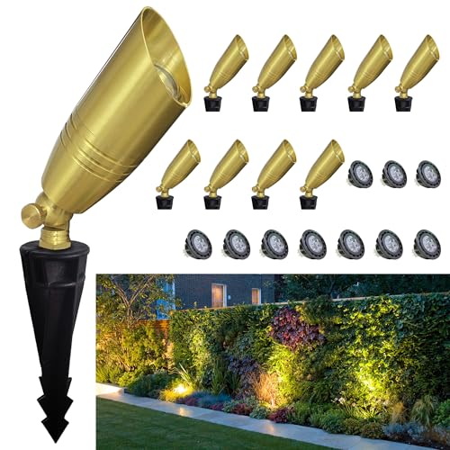 Brass Outdoor Spotlights,12V Low Voltage Landscape Lighting with MR16 LED Bulb,Waterproof Landscape Spot Lights for Yard,Garden,Lawn,Tree (10-Pack with Bulb)