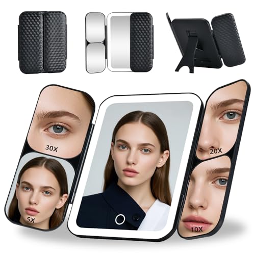 5-in-1 LED 化粧鏡 三面鏡 卓上ミラー おしゃれ 女優ミラー 卓上 1X顔全体&5X/10X/20X/30X 拡大鏡 ライト付き 拡大鏡 メイク ライト付き 軽量 タッチ式 明るさ調 メモリー機能 3カラーライト ポータブル USB充電可能 (ブラック)