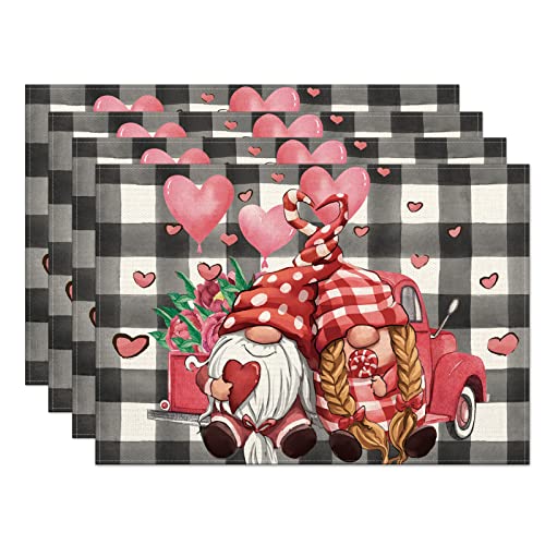 Valentines Day Gnomes Placemats Set Of 4,12X18 Inch Buffalo Plaid Gnomes With Love Hearts Truck Heat-Resistant Place Mats,Anniversary Wedding Table Decors For Farmhouse Kitchen Dining Party #TOP15