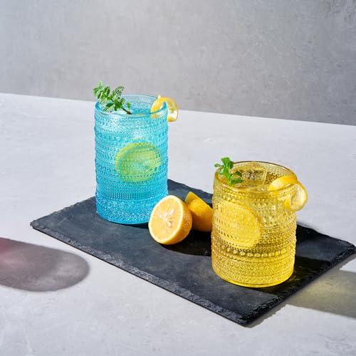 Image of Khen Hobnail Beaded Highball Drinking Tumbler Glasses | Set of 12 | Color, Vintage Bubble Design Whiskey Glassware, Old-Fashioned, Embossed Design for Water, Wine, Cocktail Embossed, Rocks Glass