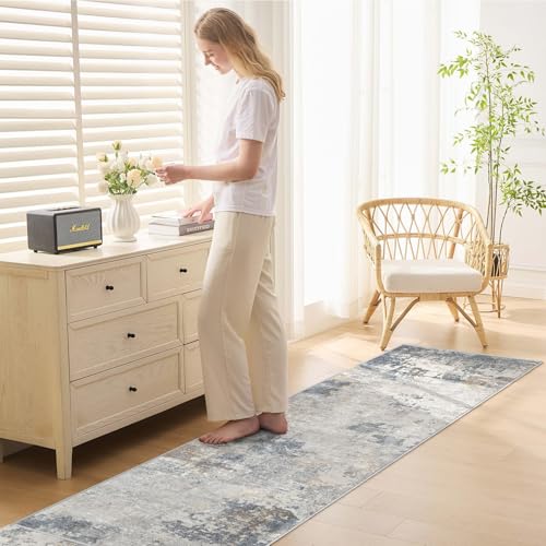 2X10 Washable Runner Rug for Hallway: Soft Neutral Modern Abstract Area Rug - Non-Slip Low Pile Long Throw Indoor Carpet for Kitchen Entryway Kitchen Bedroom Laundry - Blue Grey