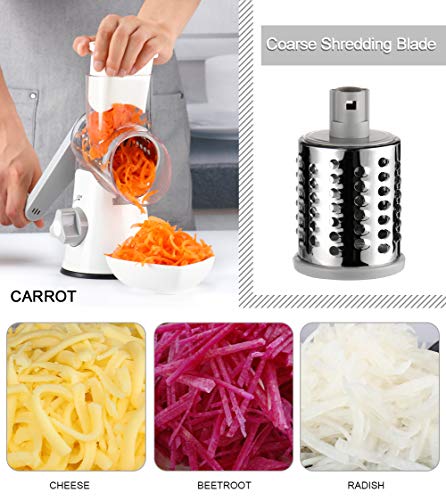 Ourokhome Rotary Cheese Grater Shredder - 3 Drum Blades Manual Speed Round Food Slicer Nut Grinder With Strong Suction Base For Cheese, Vegetable, Walnut, Chocolate, Potato, Carrot, White Gray #TOP2