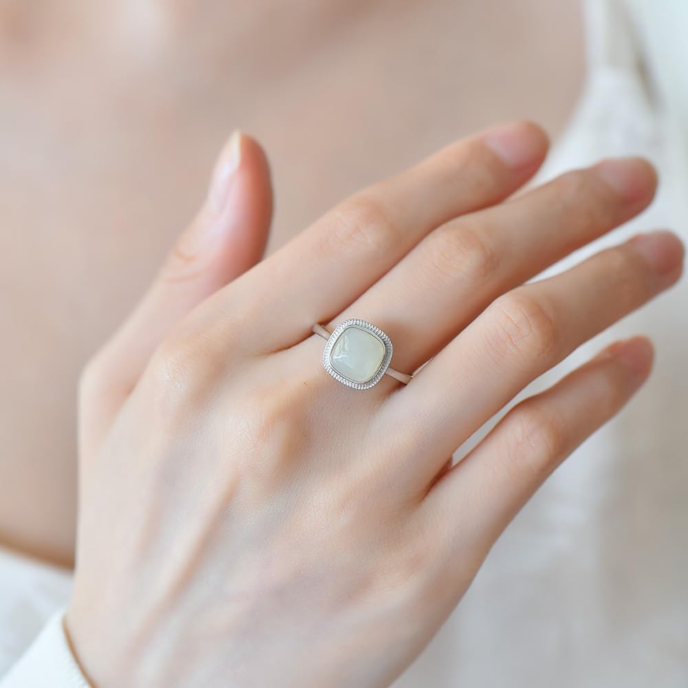S925 Silver Inlaid Natural White Jade Square Ring Adjustable Opening Including Certificate