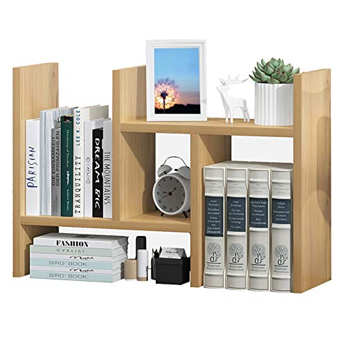 MORGZ Office Desktop Bookshelf, Adjustable Wood Display Shelf Desktop Organizer Storage Rack Countertop Bookcase Office Supplies Desk Accessories (Natural)