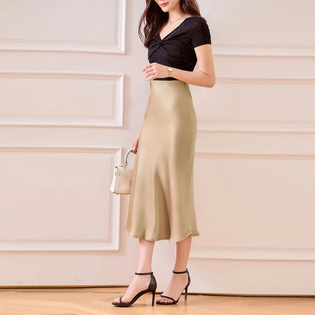 Jupe longue en satin de soie pour femme - Taille haute - Élastique - Coupe trapèze