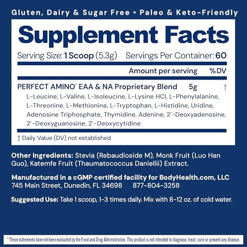 BodyHealth PerfectAmino - BCAA and EAA Powder for Pre and Post Workout - Amino Acid Energy Drink for Men and Women to Support Lean Muscle and Recovery - Unflavored (Lightly Sweetened) - 60 Servings — 사진 2