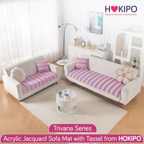 Image of HOKIPO 5 Seater Sofa Cover Mat in 3+2 Configuration | 300 GSM Cotton Acrylic Jacquard with Tassel, 'Trivana Series' Periwinkle Blue (IN-936+934-J5)