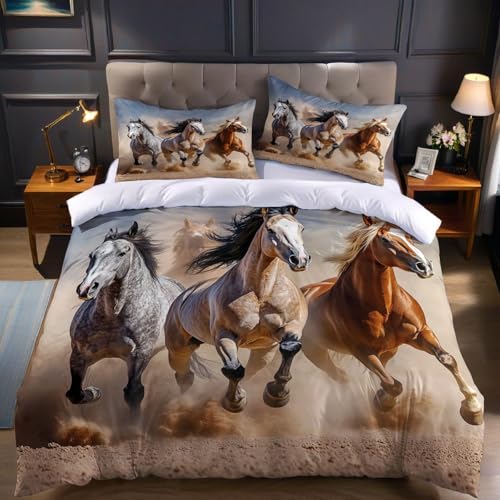 Brun Parure de lit 90x190 cm Trois Chevaux Housse de Couette 1 Personne Microfibre Imprimée avec Fermeture à glissière et 1 taies d'oreiller pour Chambre...