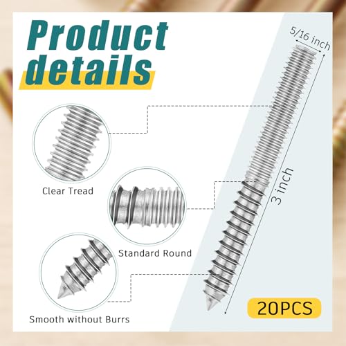 Image of Hicarer 20 Pack 5 /16-18 x 3 Inch Hanger Bolts Double Headed Bolts with Driver Self Tapping Screw Threaded Rod Screws for Furniture Double Headed for Wood Furniture Joint (Silver)