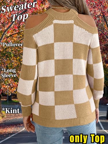 2000s Women Cold Shoulder Sweaters, Color Block Checkered Knit Sweater, Crewneck Long Sleeve Jumper Tops Fall Outfits3