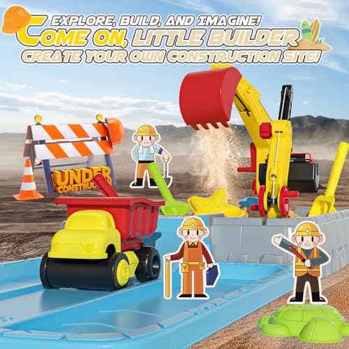 Dirt Diggers Excavator Sandbox for Kids, Toddler Construction Sand Box with Lid, Beach Toys for Outdoor Indoor Play Sensory Gifts for Boys Girls Ages 3+