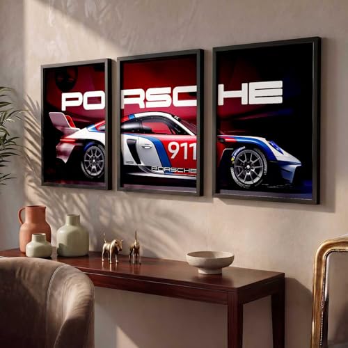 Image of HOMESY Sports Car Framed Posters Gift Items for Boys Room | Wall Decoration for Bedroom Living Room Office Gaming Room Decor | Sports Cars Poster with Frame for Wall Decor Set Of 3 Size (13x17 inch, BLACK)