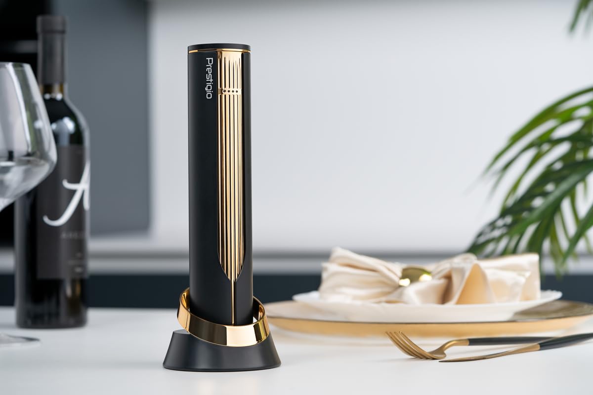 Prestigio Maggiore Elektrischer Korkenzieher - Premium Wein Flaschenöffner mit Ladestation - Integrierter Folienschneider - Verpackt in hochwertiger Geschenkbox - Schwarz/Gold